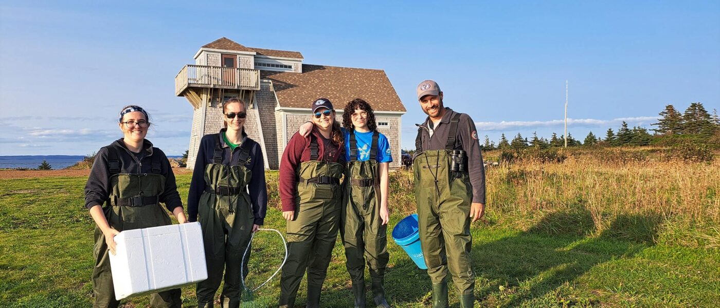 Des membres du club étudiant de l’Université Acadia participant au baguage de canards.